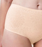 Triumph Fit Smart light beige maxi panty model close-up view, highlighting the floral 4D stretch lace and high-waisted silhouette. Available for Online Purchase
