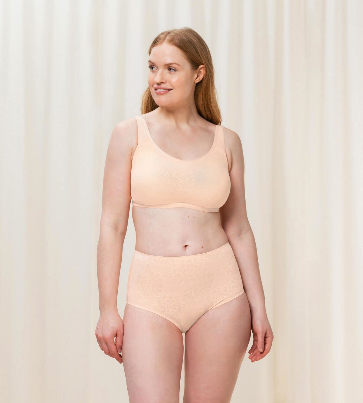 Triumph Fit Smart light beige maxi panty model full front view, highlighting the floral 4D stretch lace and high-waisted silhouette. Available for Online Purchase