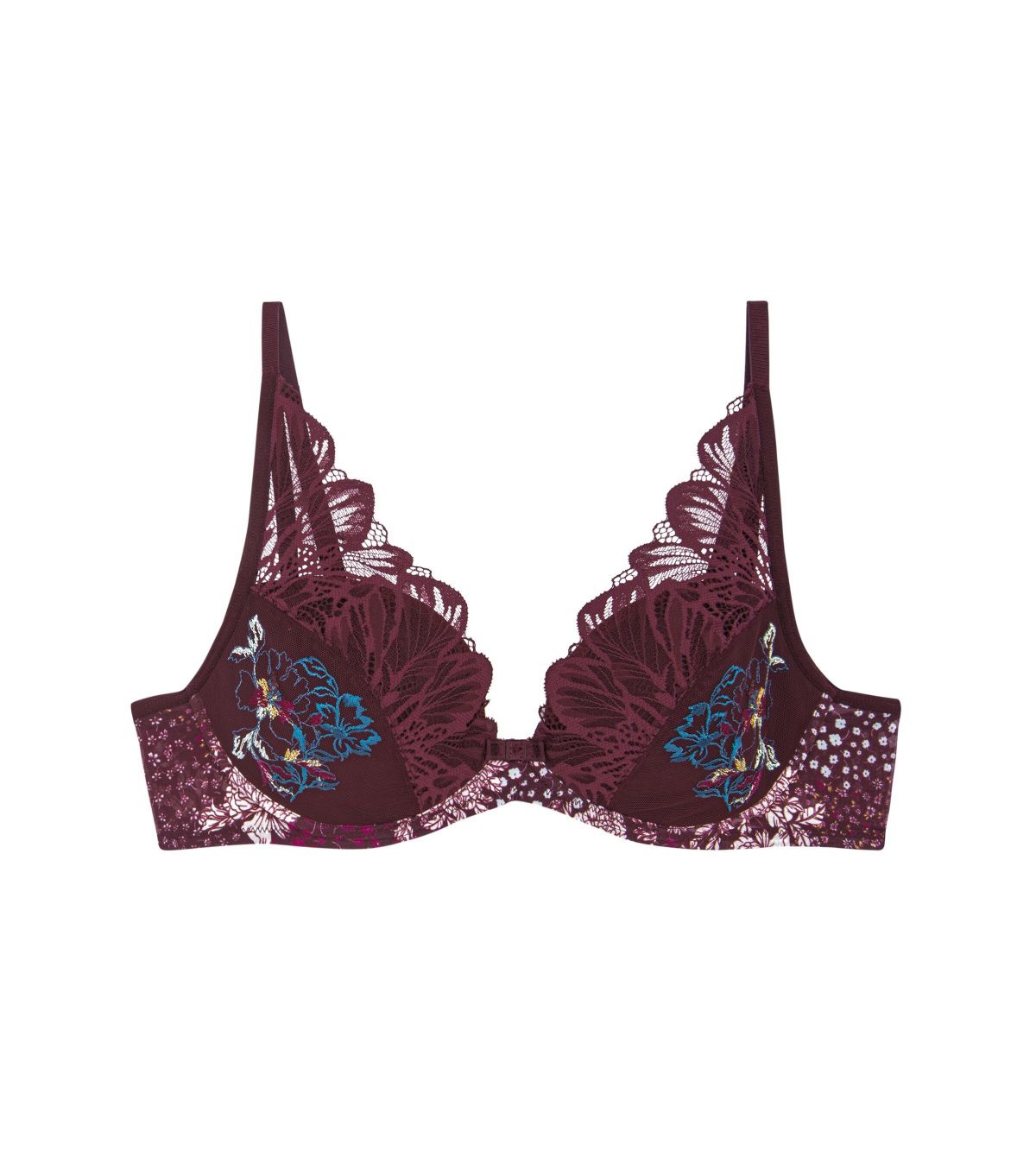 Triumph Lavish Spotlight burgundy wired padded bra Product-only view, highlighting the detailed lace embroidery and elegant plunge fit. Now Online at Blue Salon Qatar