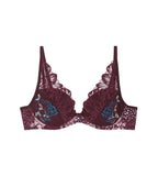Triumph Lavish Spotlight burgundy wired padded bra Product-only view, highlighting the detailed lace embroidery and elegant plunge fit. Now Online at Blue Salon Qatar