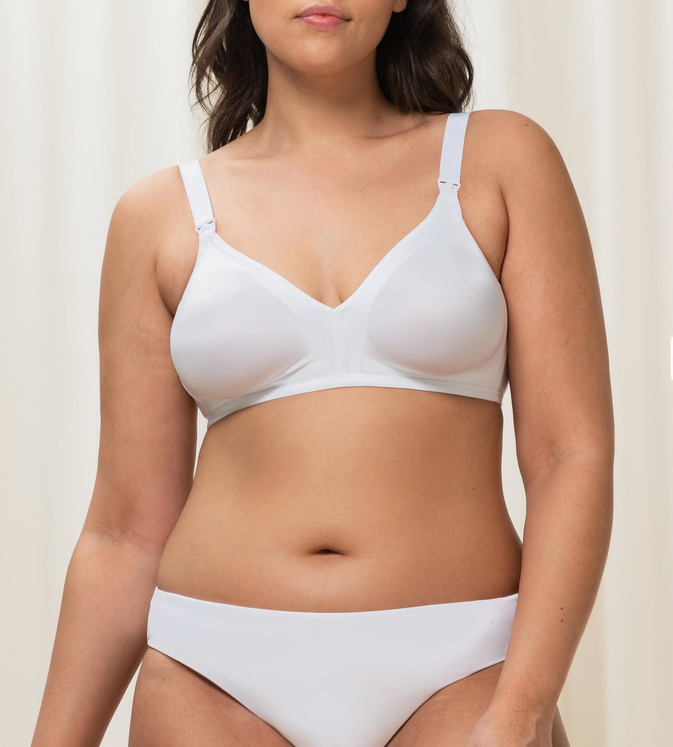 Triumph Mamabel Comfort Non-Wired White Nursing Bra front view on model – Find Online Today at Blue Salon Qatar  