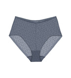 Triumph Signature sheer cloudy blue maxi panty Product-only view, with a geometric monogram pattern. Order Online Today