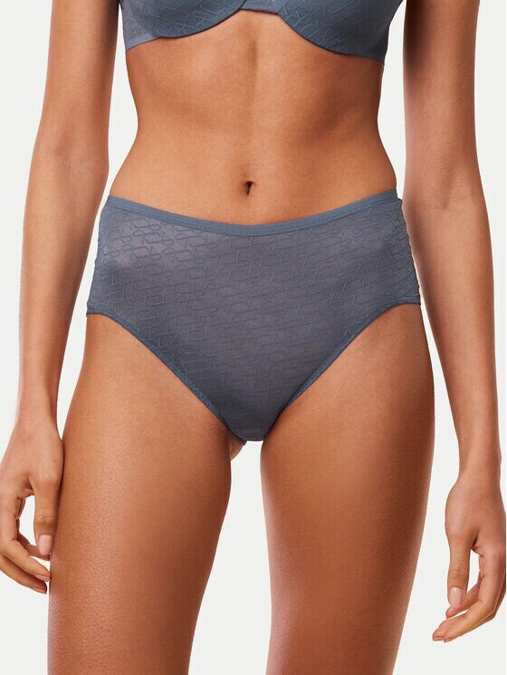 Triumph Signature sheer cloudy blue maxi panty model front view, with a geometric monogram pattern. Order Online Today