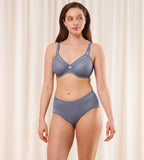 Triumph Signature sheer cloudy blue minimizer bra model full front view, with geometric pattern. Shop Online Today