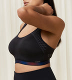 Triumph Triaction Cardio Cloud Black Sports Bra model second side view showing breathable mesh panels and comfort fitting, now available online