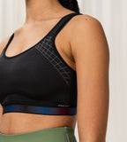 Triumph Triaction Cardio Cloud Black Sports Bra model side view showing breathable mesh panels, now available online