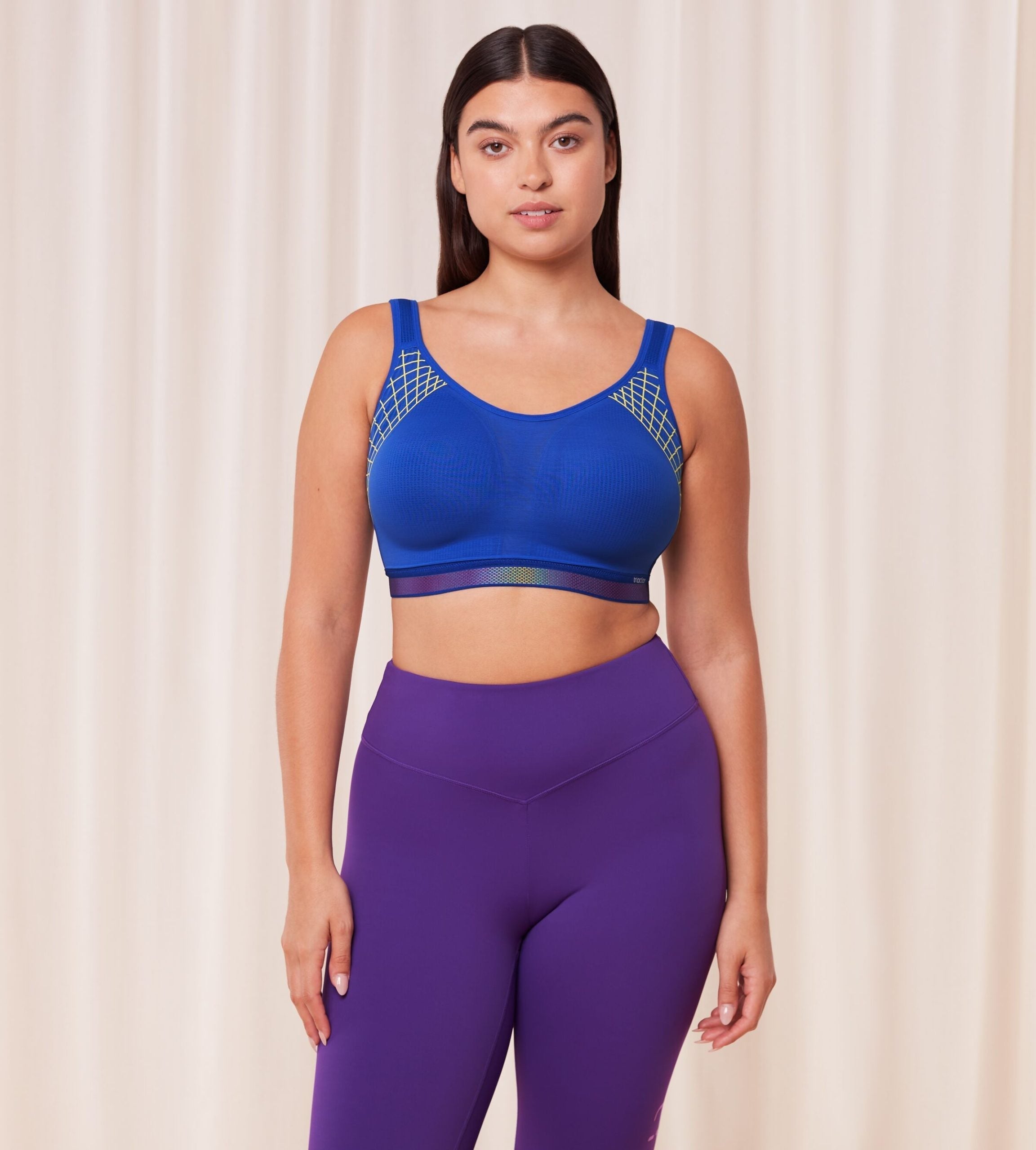 Triumph Triaction Cardio Cloud Blue Sports Bra model full front view – Shop Now Online