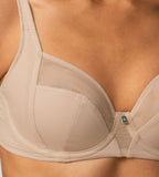 Triumph True Shape Sensation Beige Minimizer Bra model close-up view – smooth shaping support, Shop the Latest Online