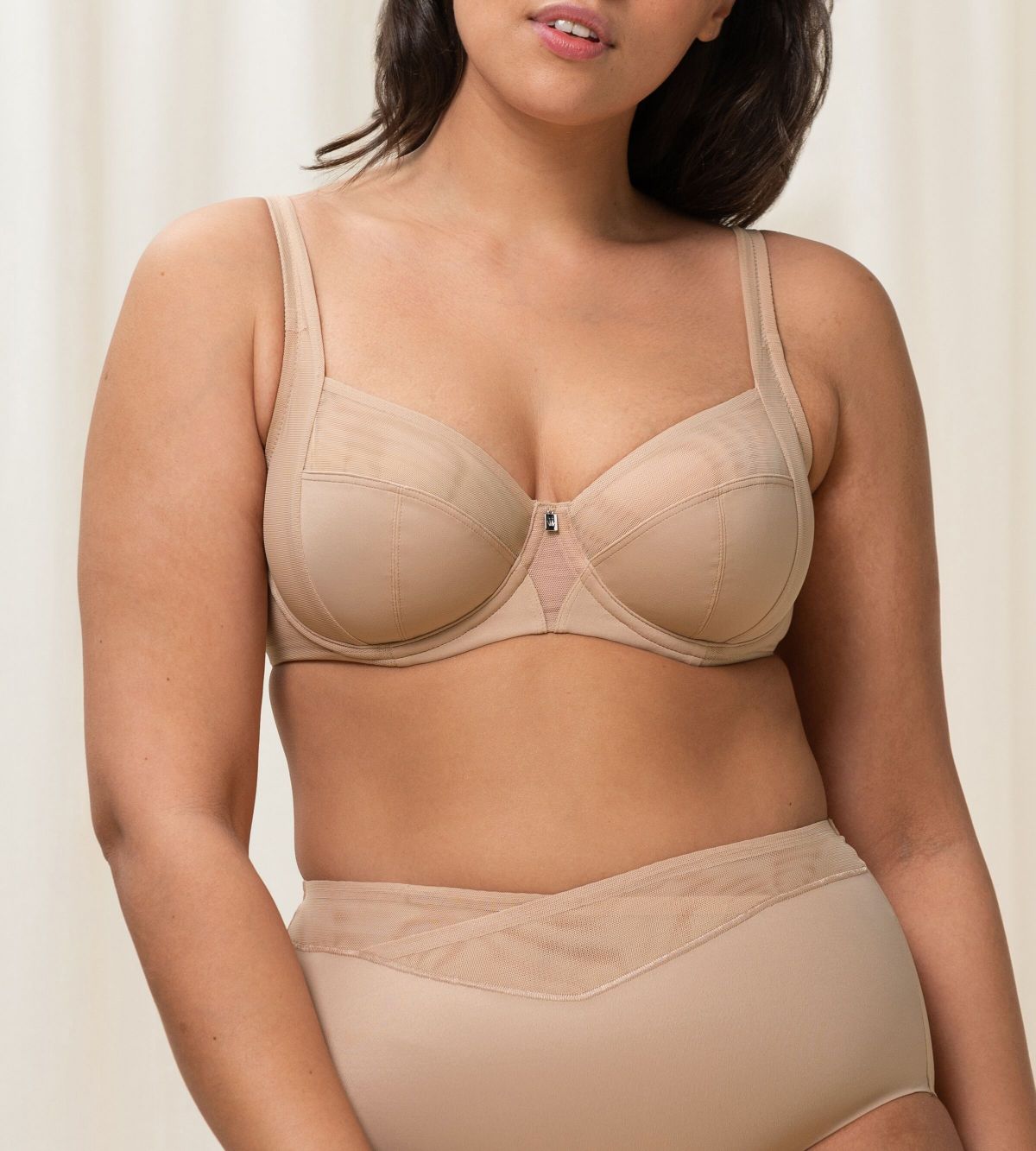 Triumph True Shape Sensation Beige Minimizer Bra model front view – smooth shaping support, Shop the Latest Online