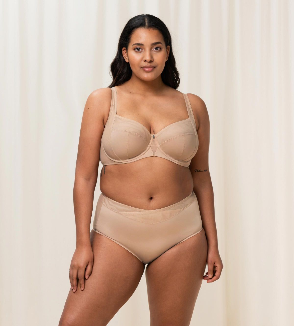 Triumph True Shape Sensation Beige Minimizer Bra model full front view – smooth shaping support, Shop the Latest Online