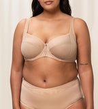 Triumph True Shape Sensation Beige Minimizer Bra model second front view – smooth shaping support, Shop the Latest Online