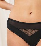 Triumph Wild Azalea Florale black Tai brief model close-up view, showcasing the jacquard fabric and detailing the floral embroidery. Available for Online Purchase