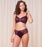 Triumph Wild Peony Florale Claret Minimizer Bra model full front view, floral lace design, supportive fit, and elegant shaping, available for online purchase
