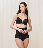 Triumph Wild Rose Sensation black padded wired bra model full front view, featuring floral lace detailing. Find Online Now.