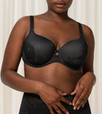 Triumph Wild Rose Sensation black padded wired bra second front model view, featuring floral lace detailing. Find Online Now.