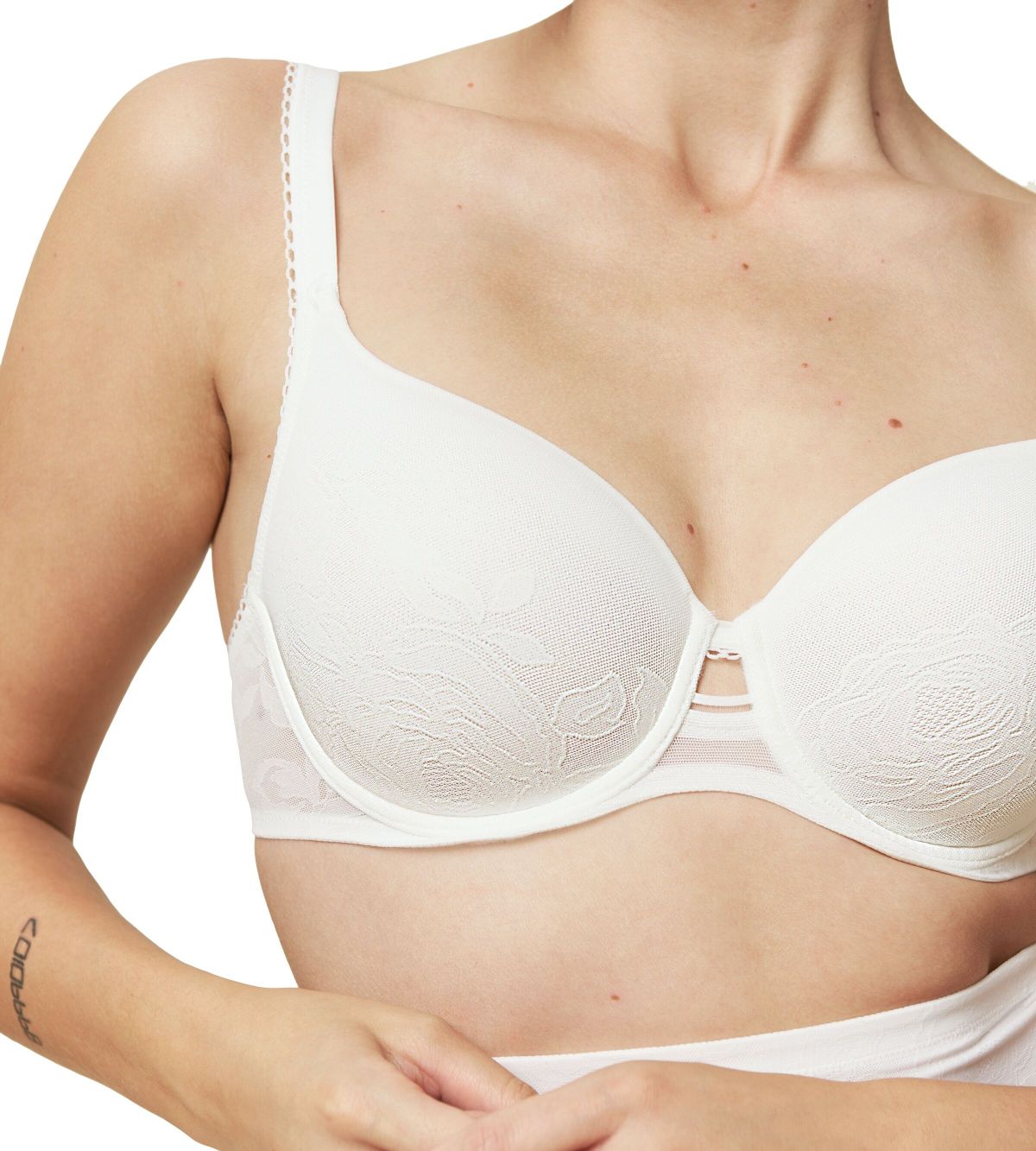Triumph Wild Rose Sensation wired white padded bra close-up front view, with floral lace detailing - Order Online Today