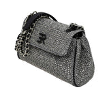 Ermanno Firenze tweed shoulder bag featuring a black and white herringbone pattern, chain strap with leather detail, and signature ER logo on the flap.