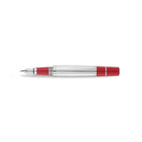 An uncapped, horizontal studio presentation of the Aigner fountain pen, displaying the engraved steel nib, red lacquer grip, fluted silver brass barrel, and red end cap.