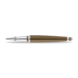 A horizontal studio layout of the Aigner retro brown pen uncapped, revealing the polished silver-tone grip section with "60th Ann..." commemorative engravings and the precise rollerball writing tip.
