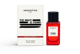 Unscripted Dubai The Night Is Young Eau de Parfum bottle in red glass with black cap, featuring vanilla and praline notes.