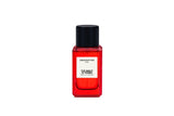 Unscripted Dubai The Night Is Young Eau de Parfum bottle in red glass with black cap, featuring vanilla and praline notes.