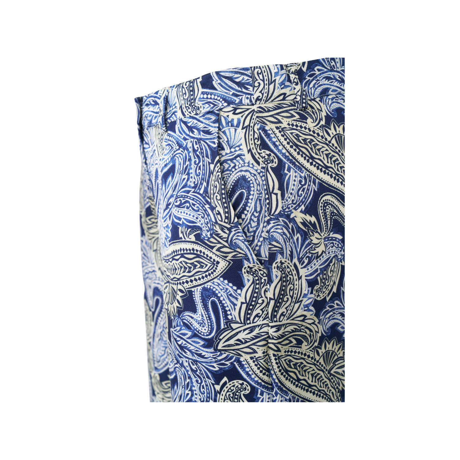 Navy blue trousers with an intricate white and light blue paisley pattern. Visible side pocket opening and waistband.