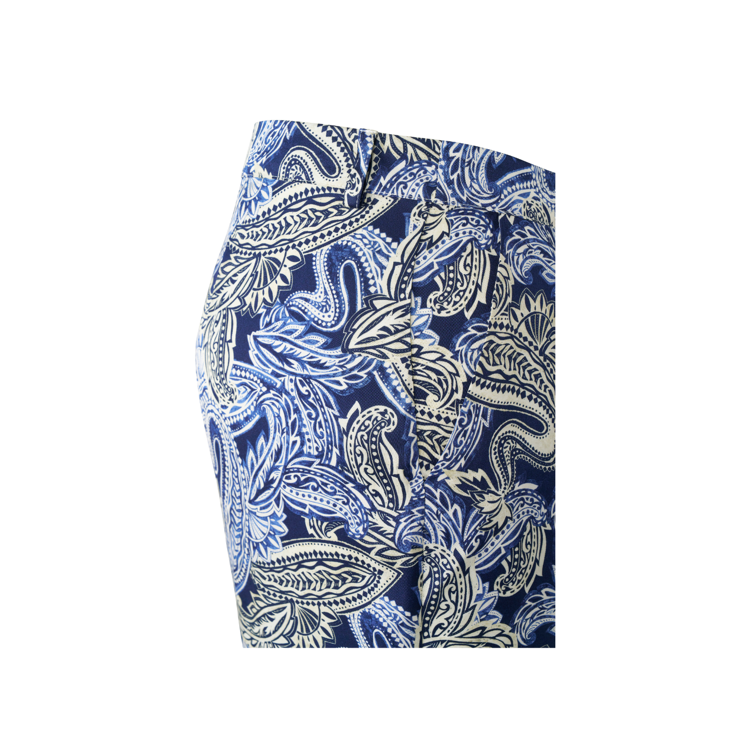 Women's navy blue trousers with a detailed white and light blue paisley print, featuring a waistband and side pocket.