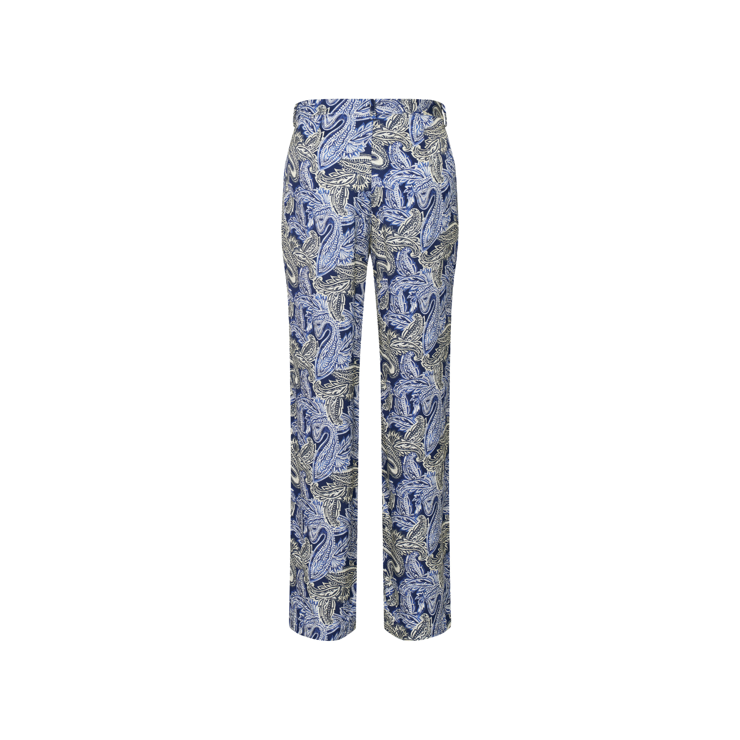 Women's navy blue trousers featuring a white, light blue, and grey paisley pattern. Straight-leg style with a flat front wais