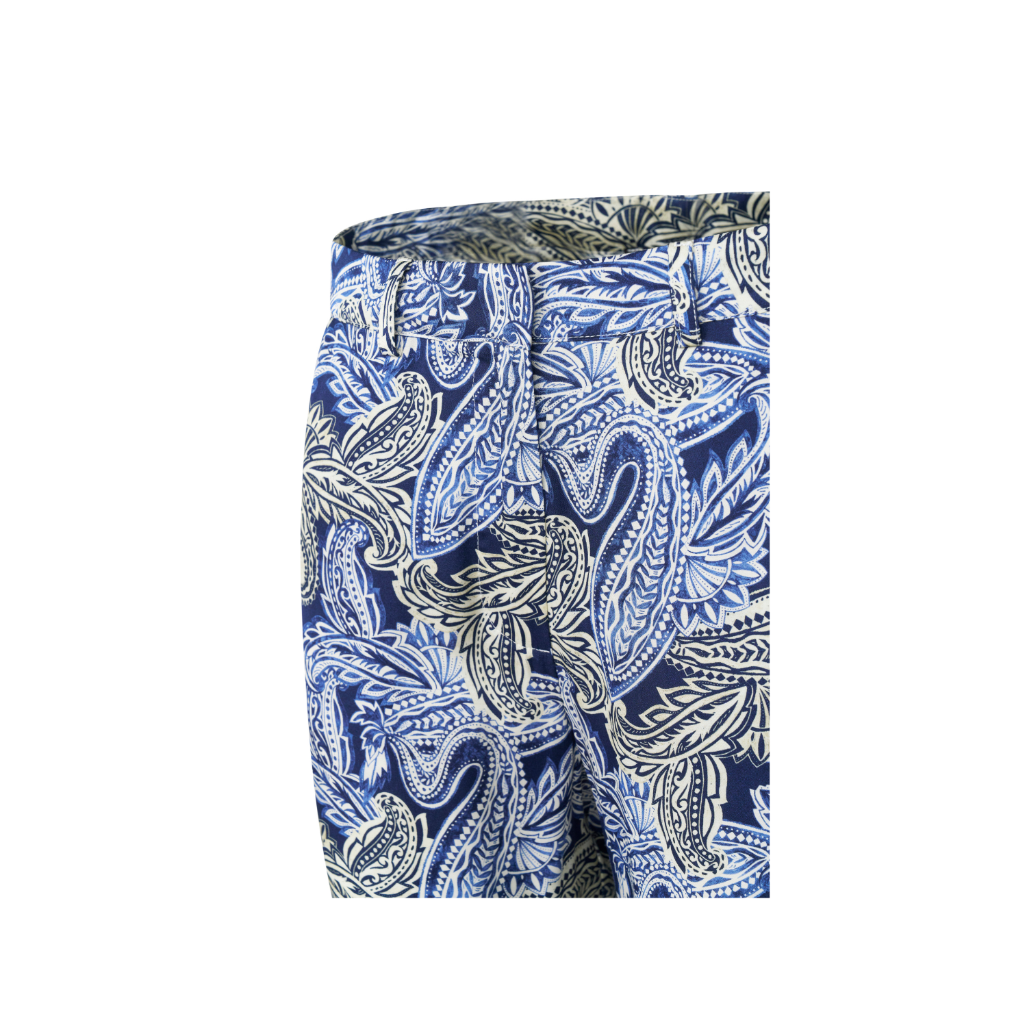 Navy blue trousers with an intricate white and light blue paisley pattern, featuring a visible waistband and belt loops.