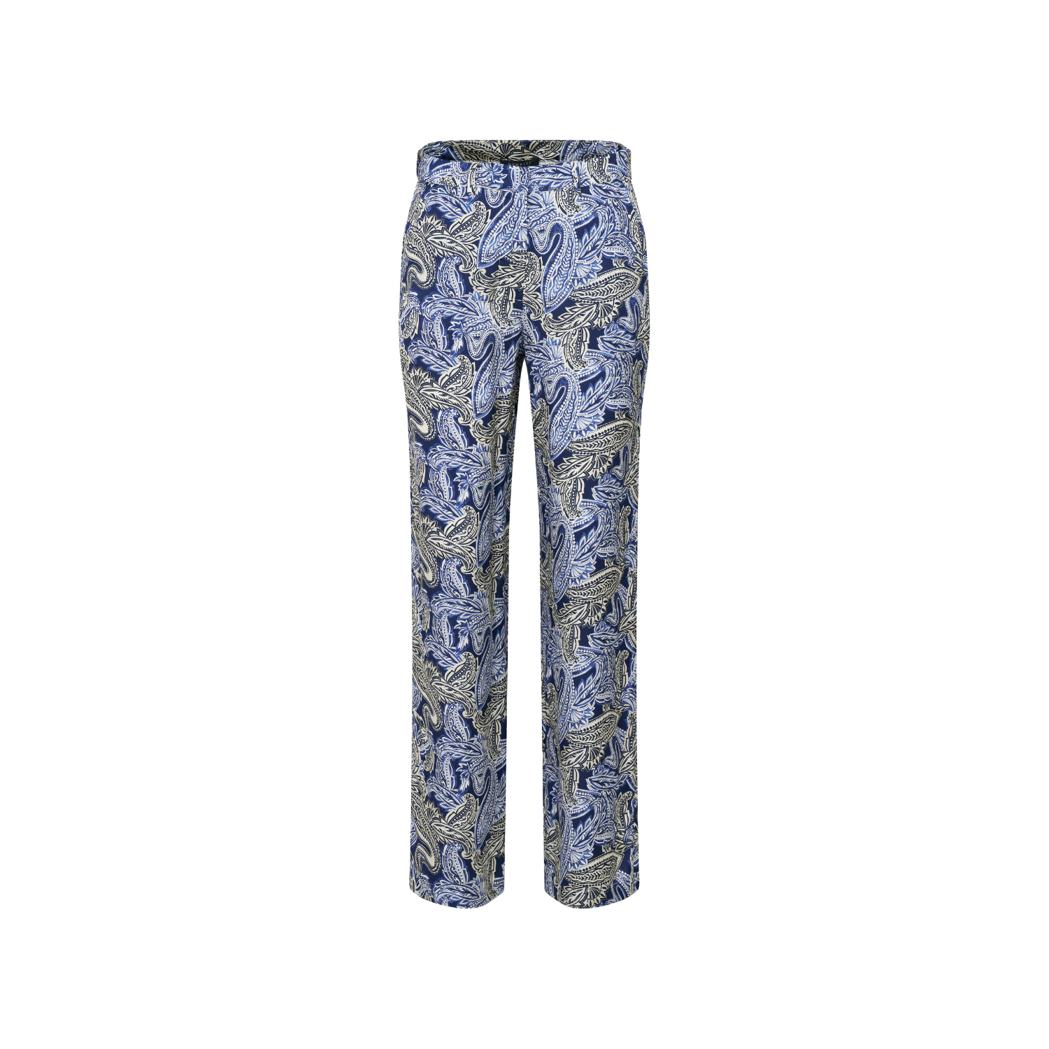 Navy blue women's straight-leg trousers with an all-over light blue, grey, and cream paisley pattern, featuring a classic wai