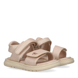 Pair of pink kids' sandals with three adjustable Velcro straps, a debossed CK logo, and a thick cream sole.