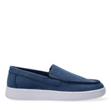 Single blue low-cut slip-on shoe with a matte finish, black moccasin stitching, a 'CK' logo on the vamp, and a white sole.
