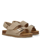 Pair of beige Calvin Klein Kids sandals with adjustable hook-and-loop straps, a silver-toned buckle, and cork footbeds.