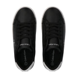 Black low-cut lace-up sneakers with white soles, black laces, and Calvin Klein branding on the tongue, side, and insole.