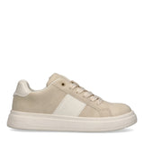 Beige suede low-cut lace-up sneaker with white side stripe, 'Calvin Klein' text, gold-toned eyelets, and off-white laces/sole