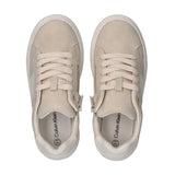 Pair of beige low-cut lace-up sneakers with white soles, side zippers, and white stripes on the outer sides.