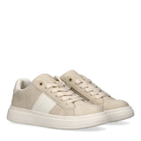 Pair of Calvin Klein Kids low-cut lace-up sneakers in beige and white with a thick sole.