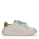 Off-white low-cut sneaker with a tan heel tab, perforated sides, and light blue and white laces, on a thick sole.