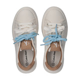 Off-white low-cut sneakers with white soles, beige heel trim, and beige tongues with white CK logos. Each has white and light