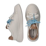 Off-white low-cut sneakers with thick platform soles. One has white laces, the other light blue. Beige accents on heel and to
