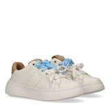 Pair of off-white low-cut lace-up sneakers with beige heel tabs and light blue and white laces.