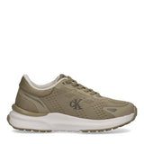 Beige low-cut lace-up sneaker with mesh upper, dark grey CK logo, white chunky midsole, and beige outsole.