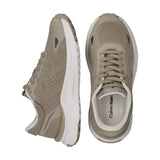 Beige mesh low-cut lace-up sneakers with white midsoles and beige outsoles. Calvin Klein logo on the insole.