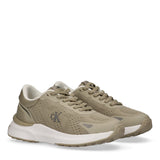 Pair of beige low-cut lace-up sneakers with mesh upper, synthetic overlays, white midsole, and 'CK' logo on the side.