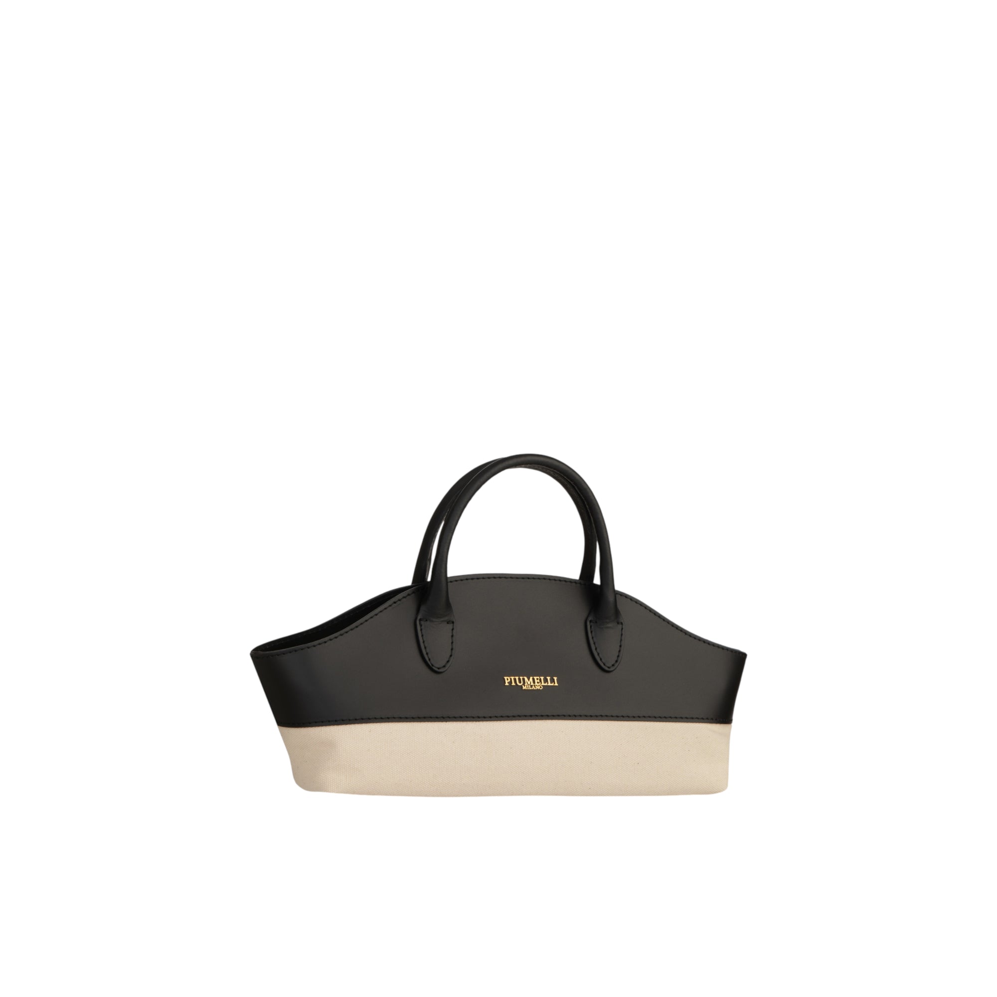 Black leather and beige canvas tote bag with two top handles and a gold-toned Fiumelli logo.