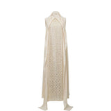 Velvety Couture ivory floor-length gown featuring an embellished geometric panel and flowing chiffon draped overlay.