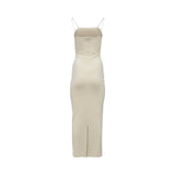 Velvety Couture ivory floor-length gown featuring an embellished geometric panel and flowing chiffon draped overlay.