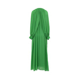 Velvety Couture green floor-length gown with long draped sleeves and scattered gold sequin embellishments.