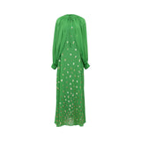 Velvety Couture green floor-length gown with long draped sleeves and scattered gold sequin embellishments.
