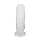 Velvety Couture white floor-length gown with chiffon cape sleeves, pleated bodice, and embroidered straight skirt.